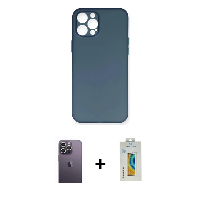 MARSİLYAN™- iPhone 12 Pro Max Kılıf Yadigar Yansıma Serisi - Siyah Polymer Nano Ekran Koruyucu + Neon Fosforlu Kamera Lens - BZ