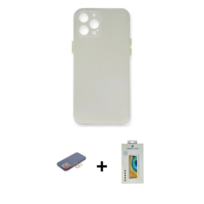 MARSİLYAN™- iPhone 12 Pro Max Kılıf Yadigar Yansıma Serisi - Siyah Polymer Nano Ekran Koruyucu + Turuncu Renkli Kamera Lens Koruma Cam