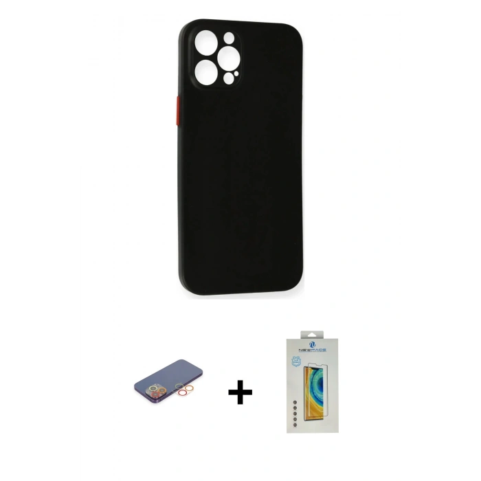 MARSİLYAN™- iPhone 12 Pro Max Kılıf Yadigar Yansıma Serisi - Siyah Polymer Nano Ekran Koruyucu + Turuncu Renkli Kamera Lens Koruma Cam