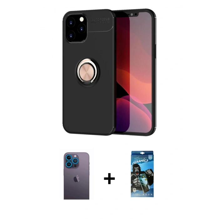 MARSİLYAN™- iPhone 12 Pro Max Kılıf Yankı Form Prime - Siyah 34D Izgaralı Cam + Mavi Neon Fosforlu Kamera Lens