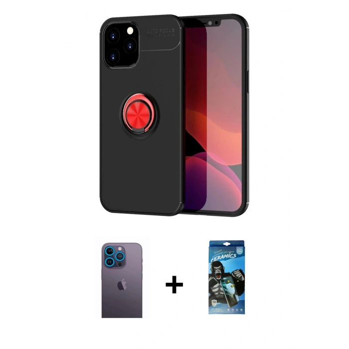 MARSİLYAN™- iPhone 12 Pro Max Kılıf Yankı Form Prime - Siyah 34D Izgaralı Cam + Mavi Neon Fosforlu Kamera Lens
