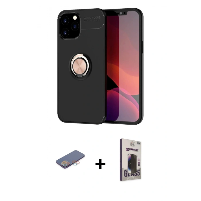 MARSİLYAN™- iPhone 12 Pro Max Kılıf Yankı Form Prime - Siyah Bilvis Hayalet Cam Ekran Koruyucu + Renkli Kamera Lens Koruma Cam - PE