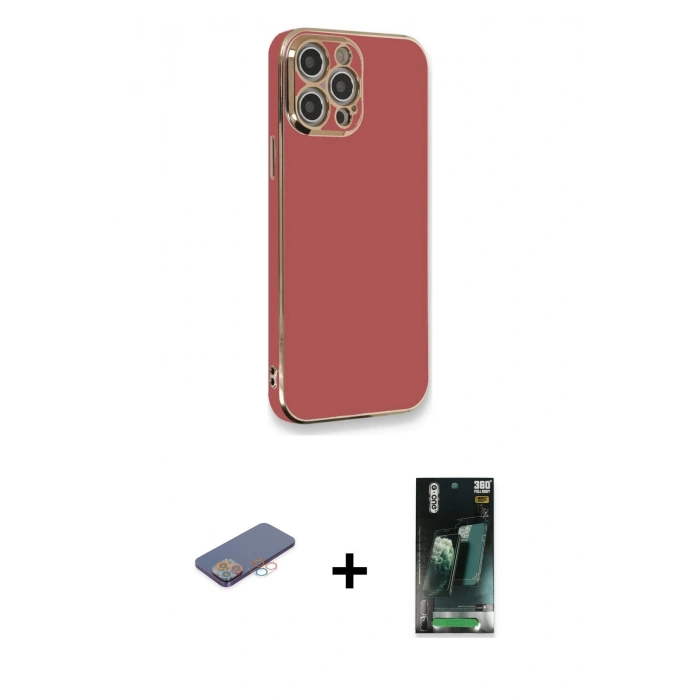 MARSİLYAN™- iPhone 12 Pro Max Kılıf Yankı Serisi - Şeffaf 360 Full Body Arka Koruyucu + Renkli Kamera Lens Koruma Cam - PE