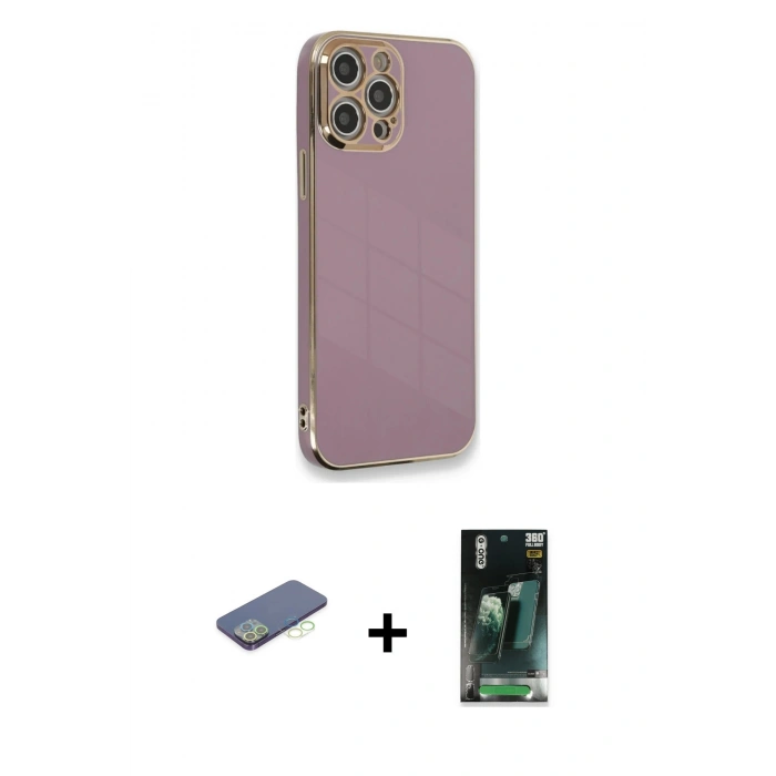 MARSİLYAN™- iPhone 12 Pro Max Kılıf Yankı Serisi - Şeffaf 360 Full Body Arka Koruyucu + Renkli Kamera Lens Koruma Cam - YL