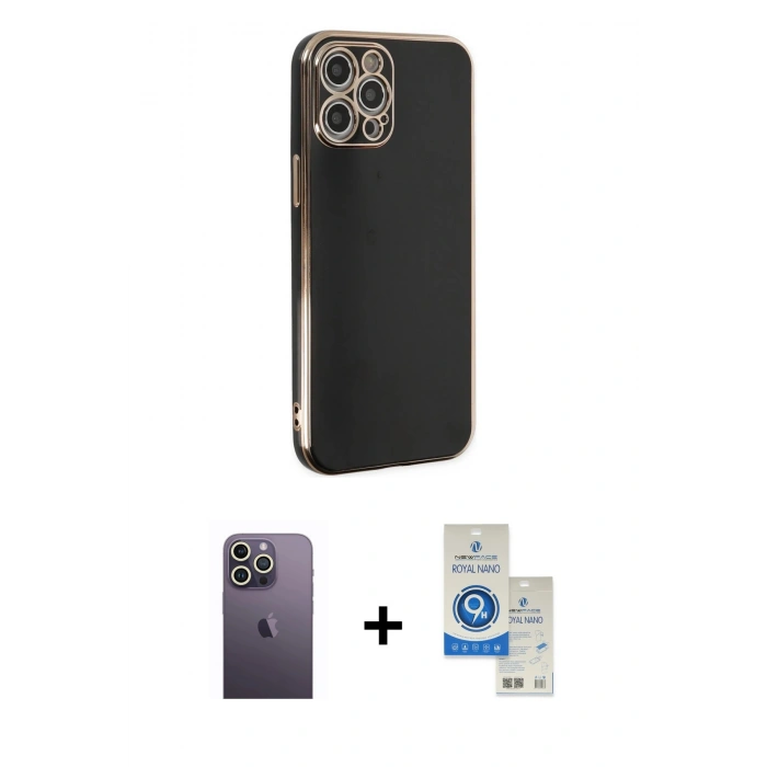 MARSİLYAN™- iPhone 12 Pro Max Kılıf Yankı Serisi - Şeffaf Royal Nano Ekran Koruyucu + Neon Fosforlu Kamera Lens - BZ
