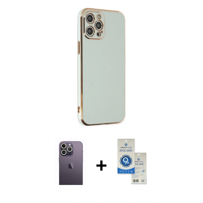 MARSİLYAN™- iPhone 12 Pro Max Kılıf Yankı Serisi - Şeffaf Royal Nano Ekran Koruyucu + Neon Fosforlu Kamera Lens - BZ