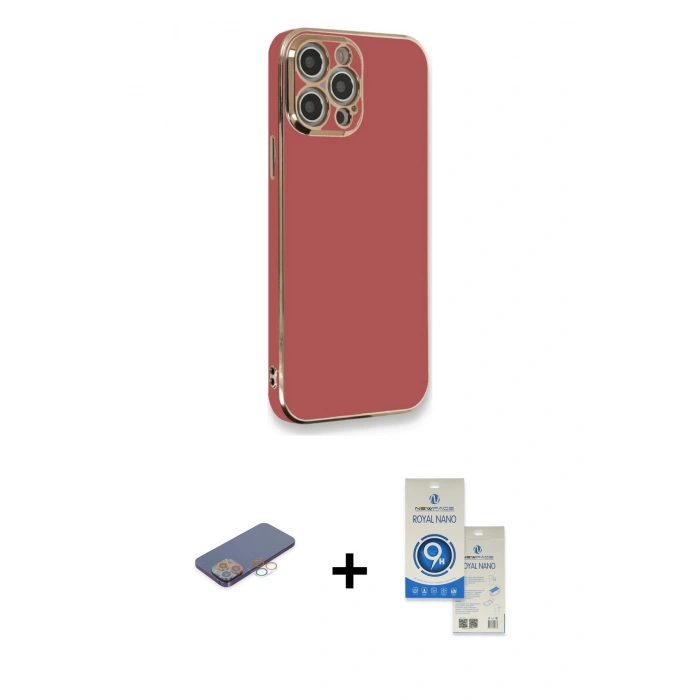 MARSİLYAN™- iPhone 12 Pro Max Kılıf Yankı Serisi - Şeffaf Royal Nano Ekran Koruyucu + Pembe Renkli Kamera Lens Koruma Cam