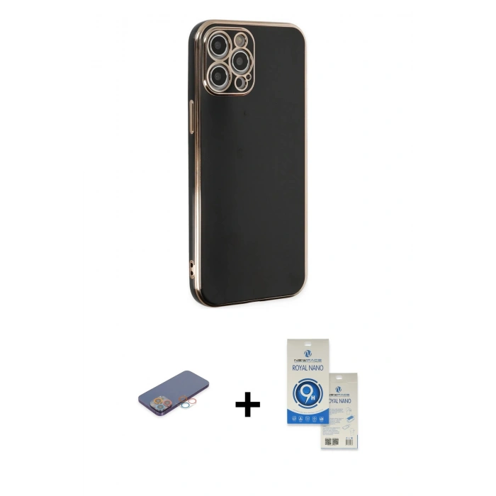 MARSİLYAN™- iPhone 12 Pro Max Kılıf Yankı Serisi - Şeffaf Royal Nano Ekran Koruyucu + Pembe Renkli Kamera Lens Koruma Cam