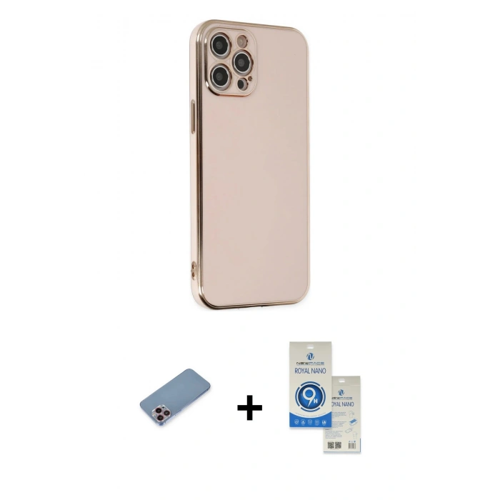 MARSİLYAN™- iPhone 12 Pro Max Kılıf Yankı Serisi - Şeffaf Royal Nano Ekran Koruyucu + Pembe Shine Kamera Lens Koruma Cam