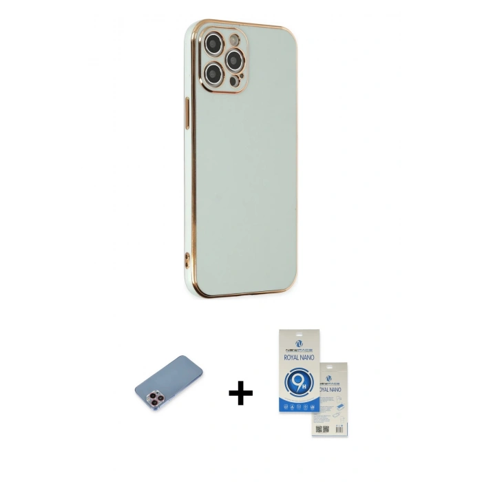 MARSİLYAN™- iPhone 12 Pro Max Kılıf Yankı Serisi - Şeffaf Royal Nano Ekran Koruyucu + Pembe Shine Kamera Lens Koruma Cam
