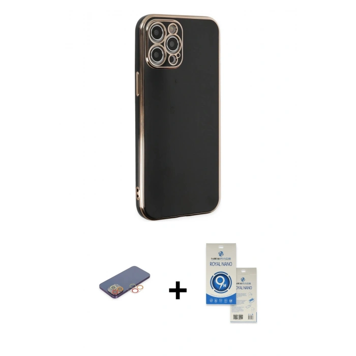 MARSİLYAN™- iPhone 12 Pro Max Kılıf Yankı Serisi - Şeffaf Royal Nano Ekran Koruyucu + Renkli Kamera Lens Koruma Cam - TU