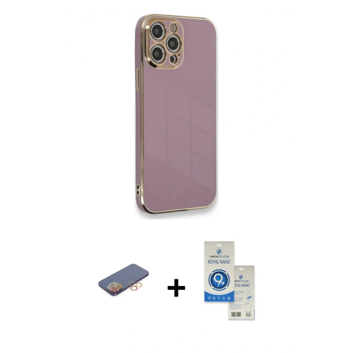 MARSİLYAN™- iPhone 12 Pro Max Kılıf Yankı Serisi - Şeffaf Royal Nano Ekran Koruyucu + Renkli Kamera Lens Koruma Cam - TU