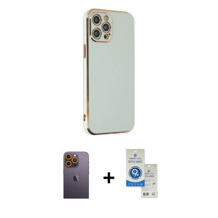 MARSİLYAN™- iPhone 12 Pro Max Kılıf Yankı Serisi - Şeffaf Royal Nano Ekran Koruyucu + Neon Fosforlu Kamera Lens - SI
