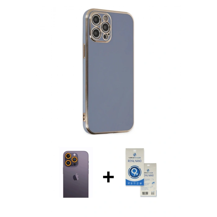 MARSİLYAN™- iPhone 12 Pro Max Kılıf Yankı Serisi - Şeffaf Royal Nano Ekran Koruyucu + Neon Fosforlu Kamera Lens - SI