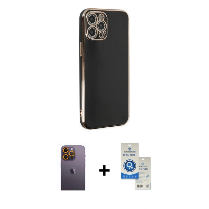 MARSİLYAN™- iPhone 12 Pro Max Kılıf Yankı Serisi - Şeffaf Royal Nano Ekran Koruyucu + Neon Fosforlu Kamera Lens - SI