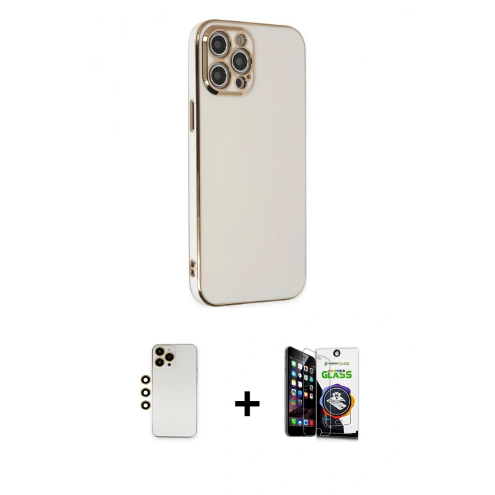 MARSİLYAN™- iPhone 12 Pro Max Kılıf Yankı Serisi - Şeffaf Temperli Cam Ekran Koruyucu + Gold Shine Kamera Lens