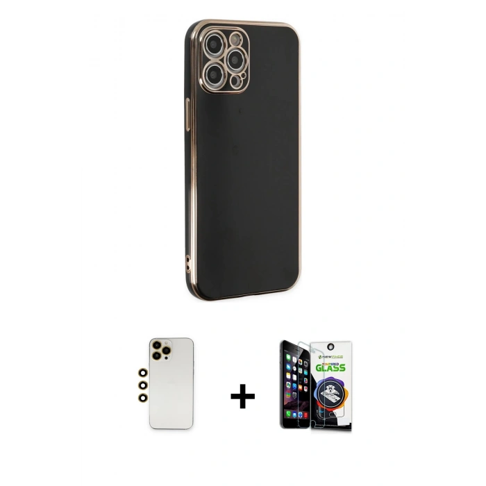MARSİLYAN™- iPhone 12 Pro Max Kılıf Yankı Serisi - Şeffaf Temperli Cam Ekran Koruyucu + Gold Shine Kamera Lens