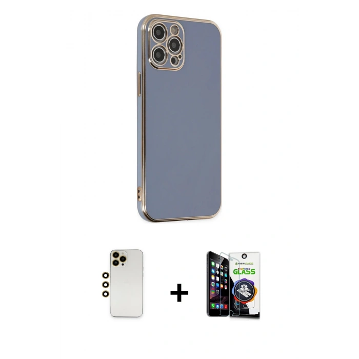 MARSİLYAN™- iPhone 12 Pro Max Kılıf Yankı Serisi - Şeffaf Temperli Cam Ekran Koruyucu + Gold Shine Kamera Lens