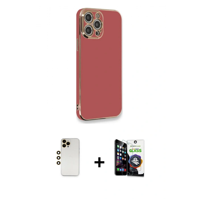 MARSİLYAN™- iPhone 12 Pro Max Kılıf Yankı Serisi - Şeffaf Temperli Cam Ekran Koruyucu + Gold Shine Kamera Lens