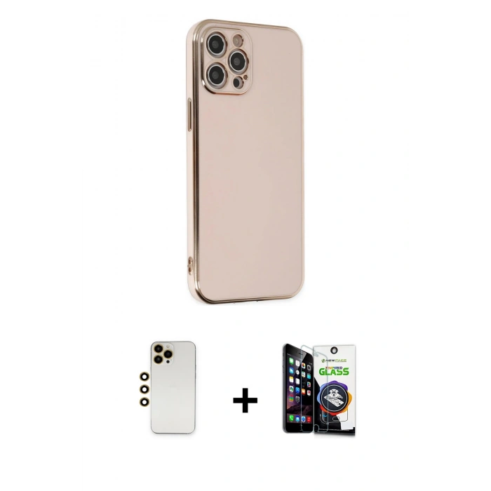 MARSİLYAN™- iPhone 12 Pro Max Kılıf Yankı Serisi - Şeffaf Temperli Cam Ekran Koruyucu + Gold Shine Kamera Lens