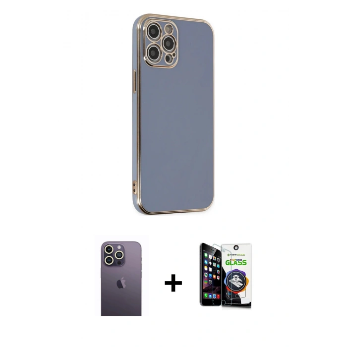 MARSİLYAN™- iPhone 12 Pro Max Kılıf Yankı Serisi - Şeffaf Temperli Cam Ekran Koruyucu + Neon Fosforlu Kamera Lens - BZ