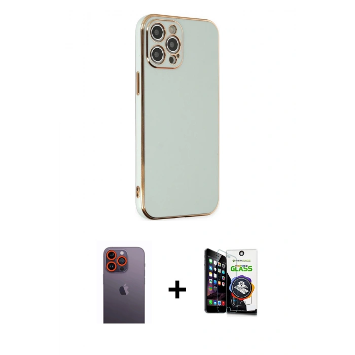 MARSİLYAN™- iPhone 12 Pro Max Kılıf Yankı Serisi - Şeffaf Temperli Cam Ekran Koruyucu + Neon Fosforlu Kamera Lens - TU