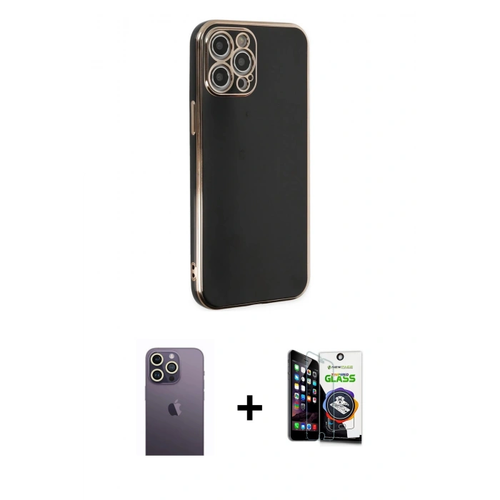 MARSİLYAN™- iPhone 12 Pro Max Kılıf Yankı Serisi - Şeffaf Temperli Cam Ekran Koruyucu + Neon Fosforlu Kamera Lens - BZ