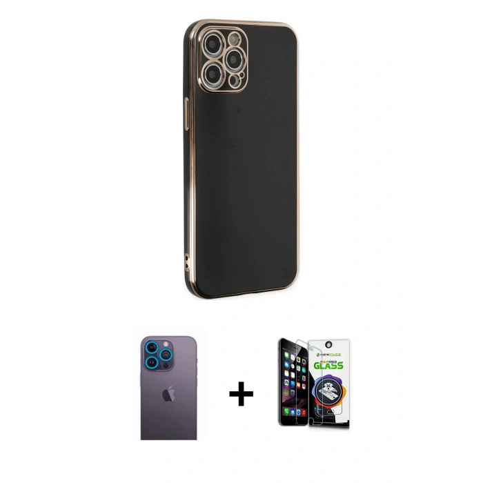 MARSİLYAN™- iPhone 12 Pro Max Kılıf Yankı Serisi - Şeffaf Temperli Cam Ekran Koruyucu + Neon Fosforlu Kamera Lens - MI