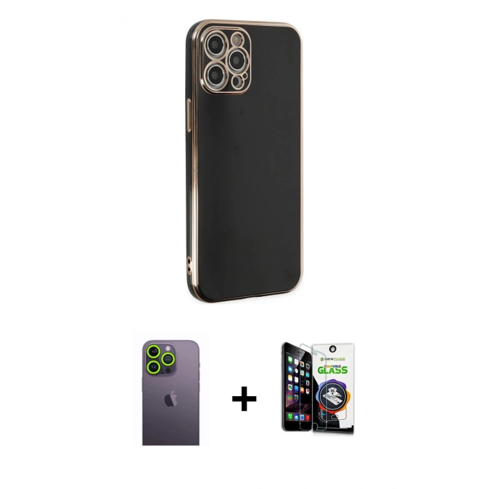 MARSİLYAN™- iPhone 12 Pro Max Kılıf Yankı Serisi - Şeffaf Temperli Cam Ekran Koruyucu + Neon Fosforlu Kamera Lens - YL