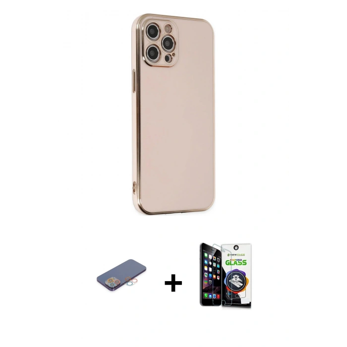 MARSİLYAN™- iPhone 12 Pro Max Kılıf Yankı Serisi - Şeffaf Temperli Cam Ekran Koruyucu + Renkli Kamera Lens Koruma Cam - PE