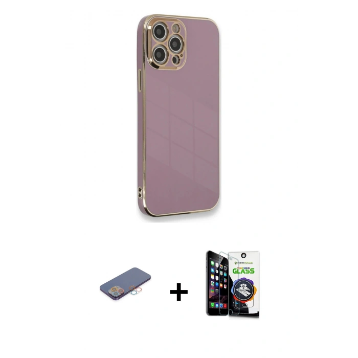 MARSİLYAN™- iPhone 12 Pro Max Kılıf Yankı Serisi - Şeffaf Temperli Cam Ekran Koruyucu + Renkli Kamera Lens Koruma Cam - PE