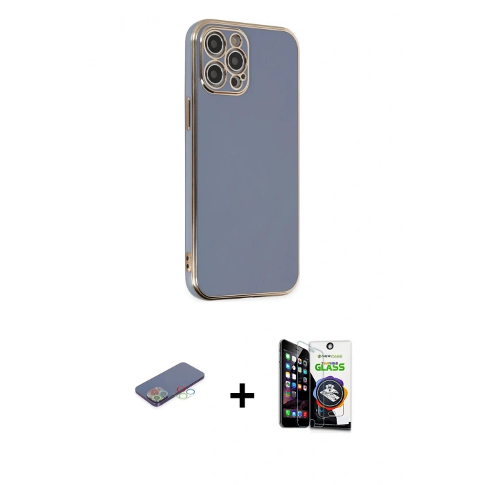 MARSİLYAN™- iPhone 12 Pro Max Kılıf Yankı Serisi - Şeffaf Temperli Cam Ekran Koruyucu + Renkli Kamera Lens Koruma Cam - MI