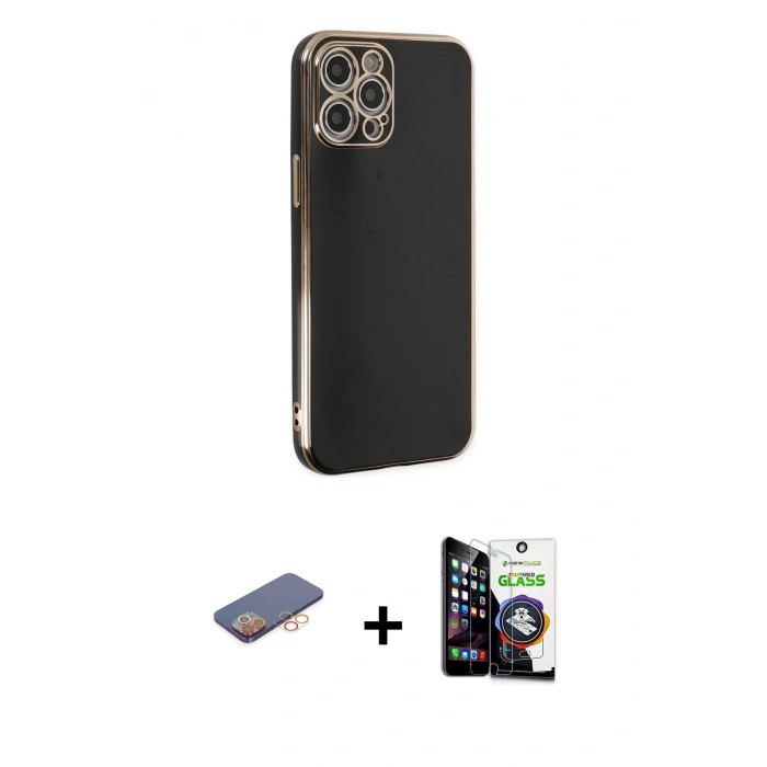 MARSİLYAN™- iPhone 12 Pro Max Kılıf Yankı Serisi - Şeffaf Temperli Cam Ekran Koruyucu + Renkli Kamera Lens Koruma Cam - TU