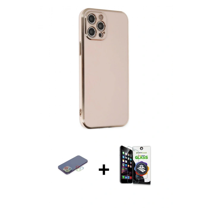 MARSİLYAN™- iPhone 12 Pro Max Kılıf Yankı Serisi - Şeffaf Temperli Cam Ekran Koruyucu + Renkli Kamera Lens Koruma Cam - MI