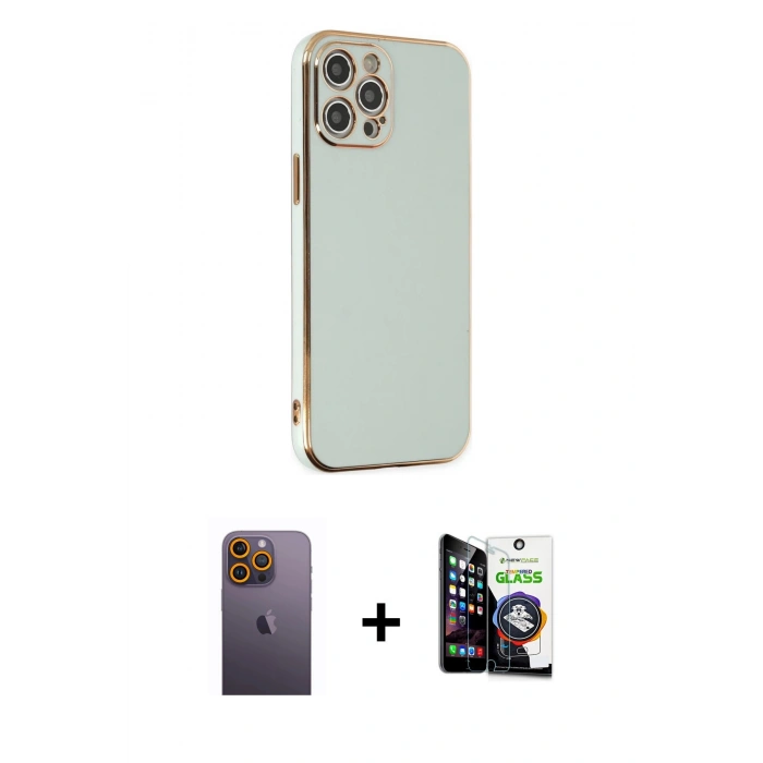 MARSİLYAN™- iPhone 12 Pro Max Kılıf Yankı Serisi - Şeffaf Temperli Cam Ekran Koruyucu + Neon Fosforlu Kamera Lens - SI