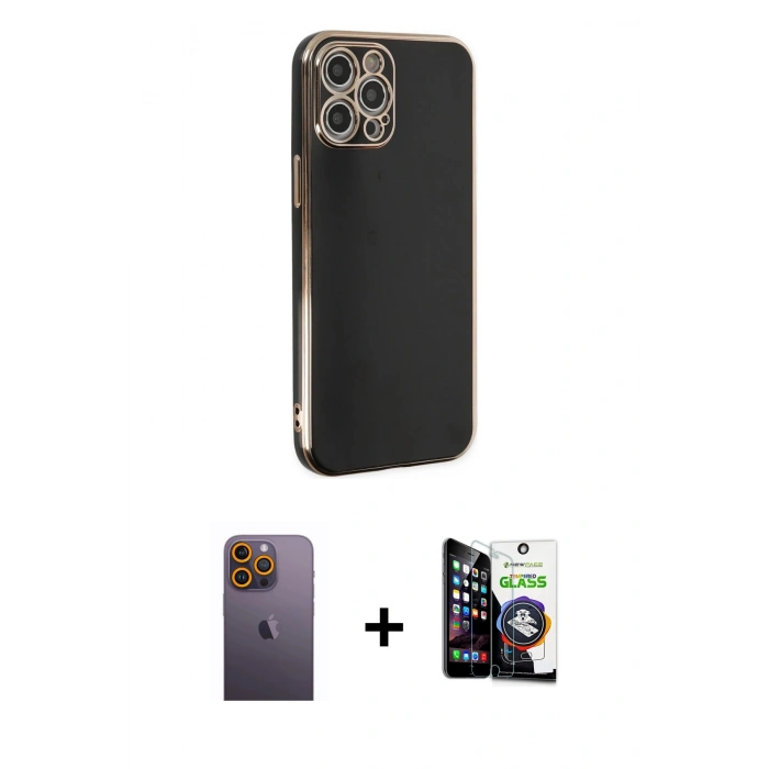MARSİLYAN™- iPhone 12 Pro Max Kılıf Yankı Serisi - Şeffaf Temperli Cam Ekran Koruyucu + Neon Fosforlu Kamera Lens - SI