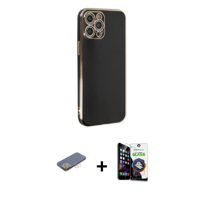 MARSİLYAN™- iPhone 12 Pro Max Kılıf Yankı Serisi - Şeffaf Temperli Cam Ekran Koruyucu + Renkli Kamera Lens Koruma Cam - SI