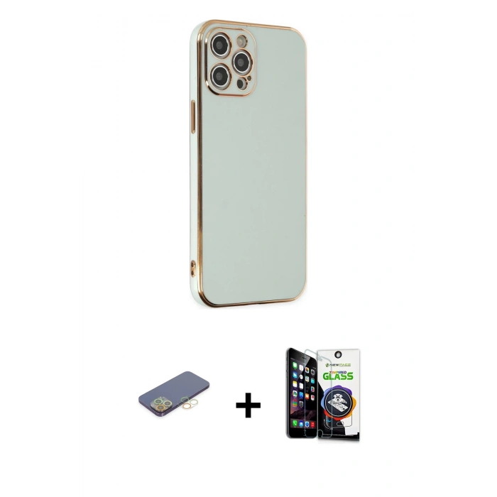 MARSİLYAN™- iPhone 12 Pro Max Kılıf Yankı Serisi - Şeffaf Temperli Cam Ekran Koruyucu + Renkli Kamera Lens Koruma Cam - SI