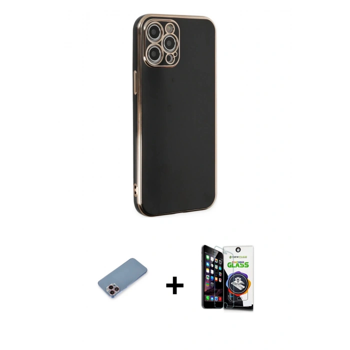 MARSİLYAN™- iPhone 12 Pro Max Kılıf Yankı Serisi - Şeffaf Temperli Cam Ekran Koruyucu + Shine Kamera Lens Koruma Cam - PE