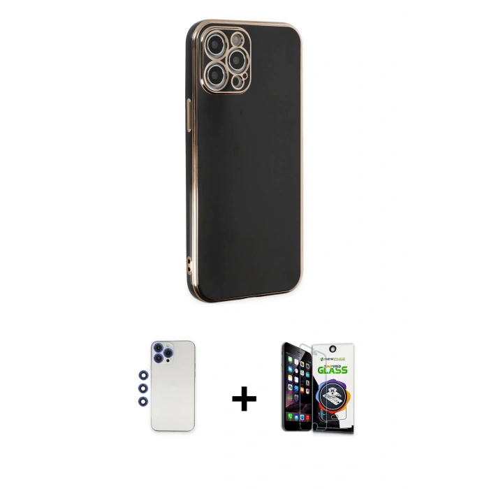 MARSİLYAN™- iPhone 12 Pro Max Kılıf Yankı Serisi - Şeffaf Temperli Cam Ekran Koruyucu + Shine Kamera Lens - LT