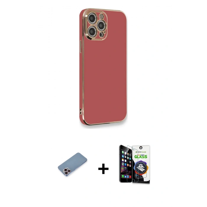 MARSİLYAN™- iPhone 12 Pro Max Kılıf Yankı Serisi - Şeffaf Temperli Cam Ekran Koruyucu + Shine Kamera Lens Koruma Cam - PE