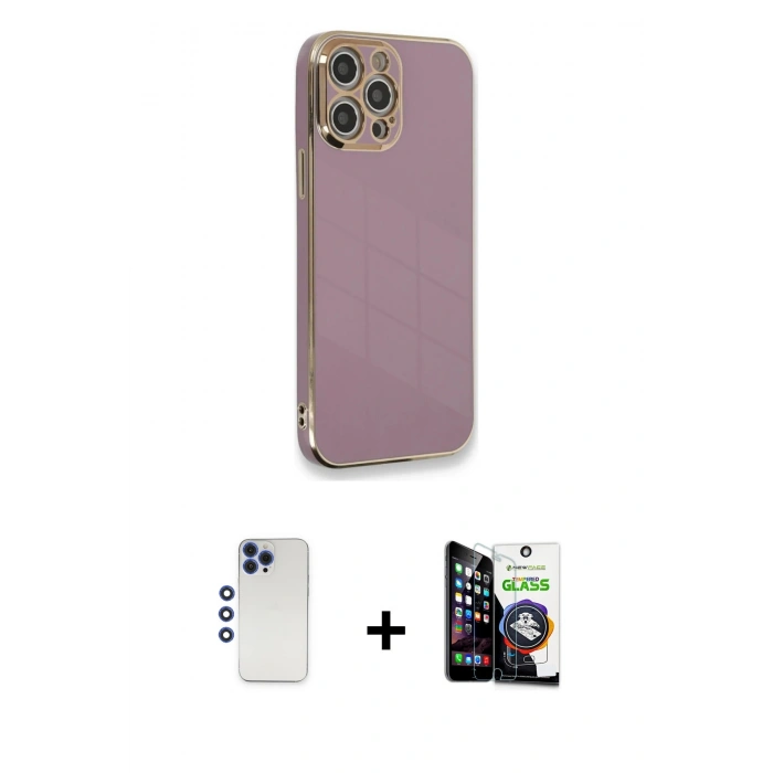 MARSİLYAN™- iPhone 12 Pro Max Kılıf Yankı Serisi - Şeffaf Temperli Cam Ekran Koruyucu + Shine Kamera Lens - LT