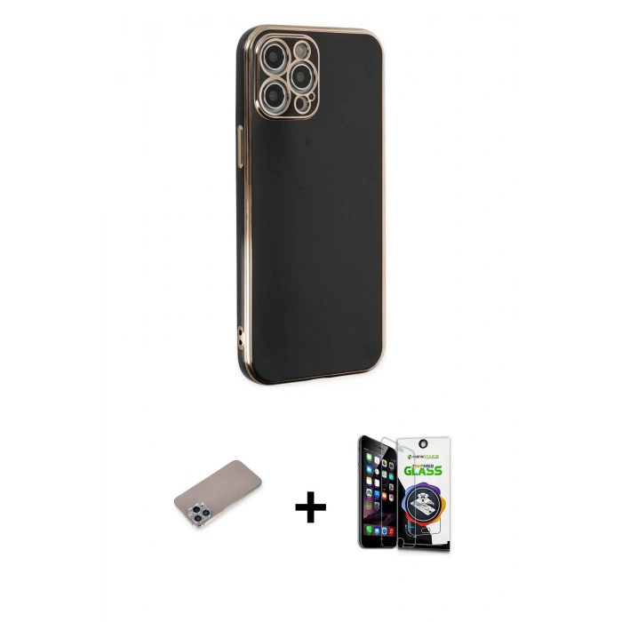 MARSİLYAN™- iPhone 12 Pro Max Kılıf Yankı Serisi - Şeffaf Temperli Cam Ekran Koruyucu + Shine Kamera Lens Koruma Cam - SABE