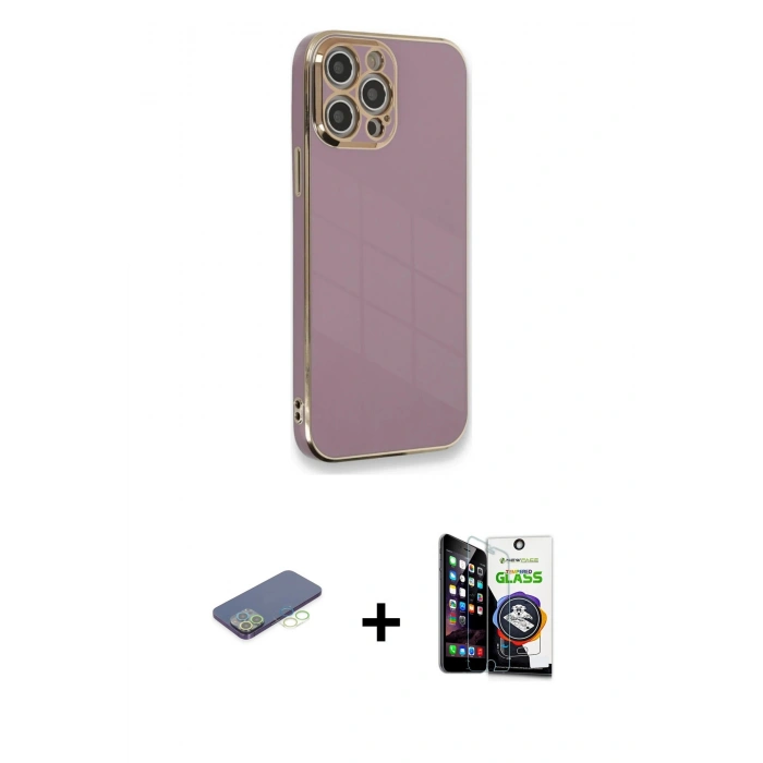 MARSİLYAN™- iPhone 12 Pro Max Kılıf Yankı Serisi - Şeffaf Temperli Cam Ekran Koruyucu + Renkli Kamera Lens Koruma Cam - YL