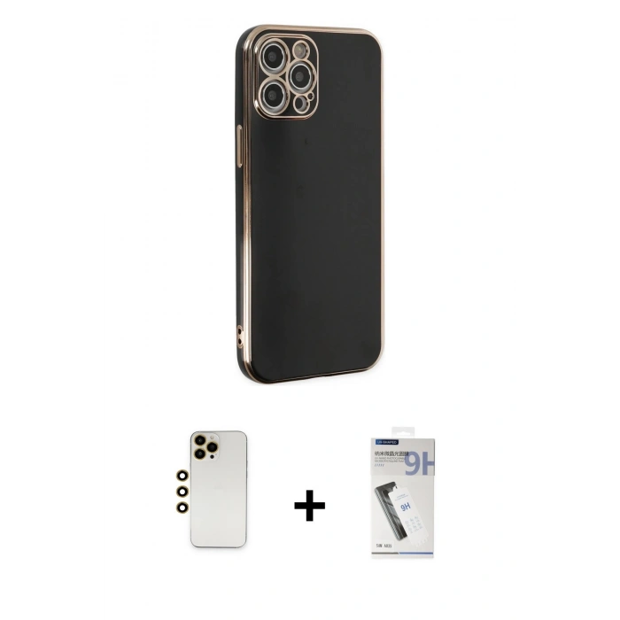 MARSİLYAN™- iPhone 12 Pro Max Kılıf Yankı Serisi - Şeffaf Uv Polymer Nano Ekran Koruyucu + Gold Shine Kamera Lens