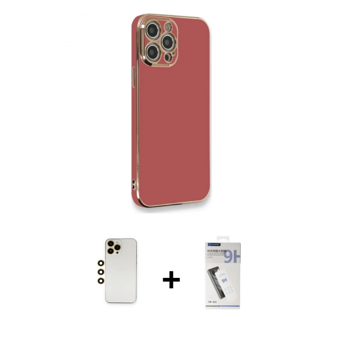 MARSİLYAN™- iPhone 12 Pro Max Kılıf Yankı Serisi - Şeffaf Uv Polymer Nano Ekran Koruyucu + Gold Shine Kamera Lens