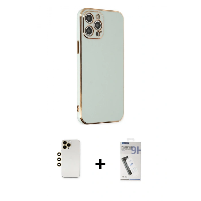 MARSİLYAN™- iPhone 12 Pro Max Kılıf Yankı Serisi - Şeffaf Uv Polymer Nano Ekran Koruyucu + Gold Shine Kamera Lens