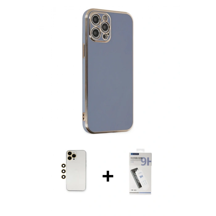 MARSİLYAN™- iPhone 12 Pro Max Kılıf Yankı Serisi - Şeffaf Uv Polymer Nano Ekran Koruyucu + Gold Shine Kamera Lens