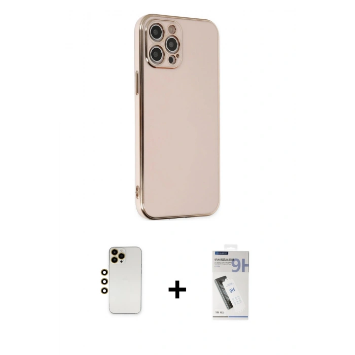 MARSİLYAN™- iPhone 12 Pro Max Kılıf Yankı Serisi - Şeffaf Uv Polymer Nano Ekran Koruyucu + Gold Shine Kamera Lens