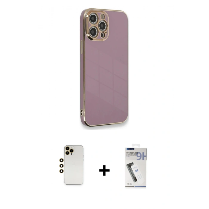 MARSİLYAN™- iPhone 12 Pro Max Kılıf Yankı Serisi - Şeffaf Uv Polymer Nano Ekran Koruyucu + Gold Shine Kamera Lens